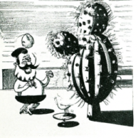 Un cactus assis à côté de rondelles d'oignon dans une ferme, 1960 Cartoon